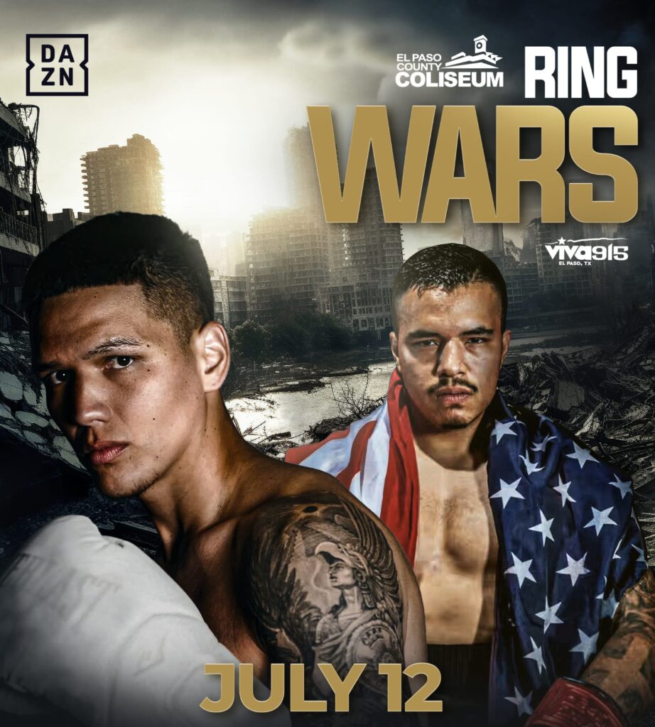 Ring Wars 18 boxing event poster featuring Ivy Enriquez, Damiana Andrello, Alexis Mones, Nancy Franco, Jorge Tovar, George Sosa, Abraham Perez, Angel Meza Morales, Marcos Duran for July 12, 2025 at El Paso County Coliseum